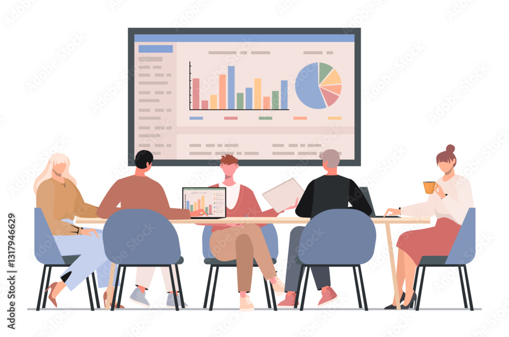 Business meeting at conference table on white background. Office employees brainstorm, presentation, work discussion. Corporate communication, teamwork process, collaboration. Vector Not AI generated Business meeting at conference table on white background. Office employees brainstorm, presentation, work discussion. Corporate communication, teamwork process, collaboration. Vector Not AI generated