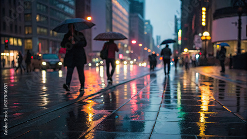 Rainy city streets at dusk, glowing reflections on wet pavement as silhouettes of people move through neon-lit puddles, blending solitude and urban vibrance.