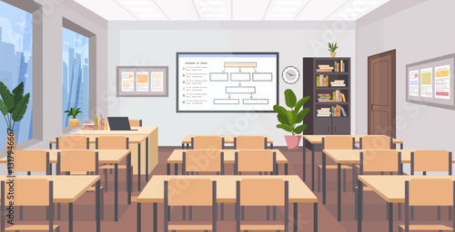 Empty school class room, college or university training room with chalkboard, teacher table, desks, bookshelf, houseplants, clock, chairs. Education concept. Vector illustration Not AI generated