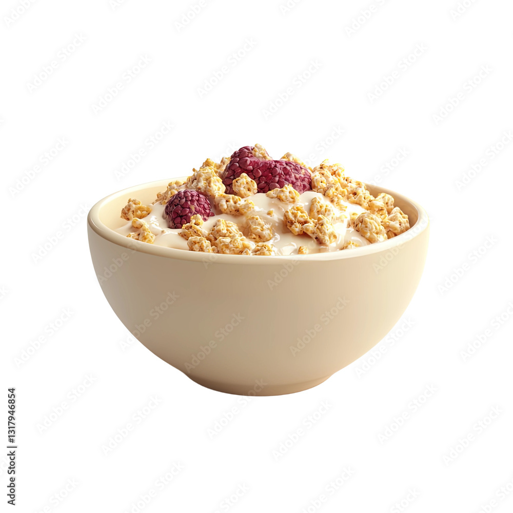 Bowl of cereal with raspberries and granola on transparent background Bowl of cereal with raspberries and granola on transparent background