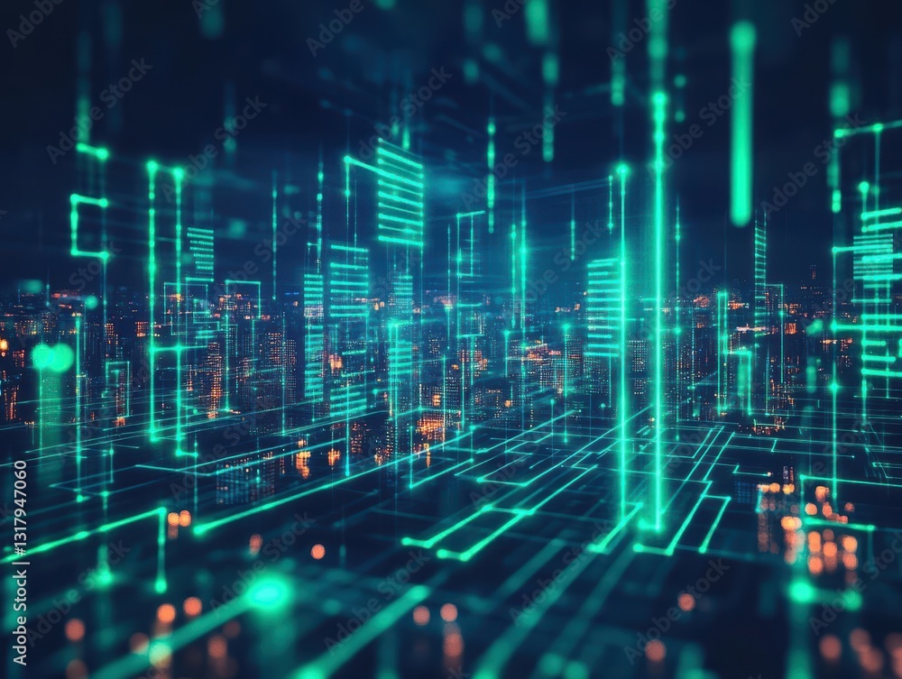 Abstract digital cityscape with glowing lines and data streams, representing technology and innovation in a vibrant environment. Abstract digital cityscape with glowing lines and data streams, representing technology and innovation in a vibrant environment.