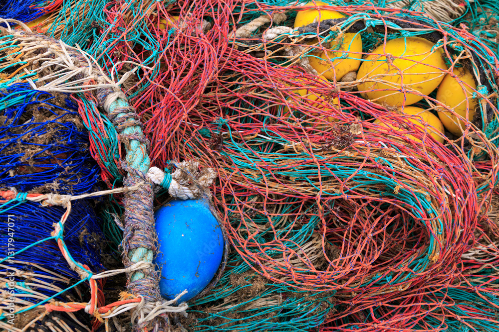 Europe, Spain, Balearic Islands, Mallorca, Santanyi, Cala Figuera . A small , colorful fishing harbor on S.E. corner of island. Fishing nets.
