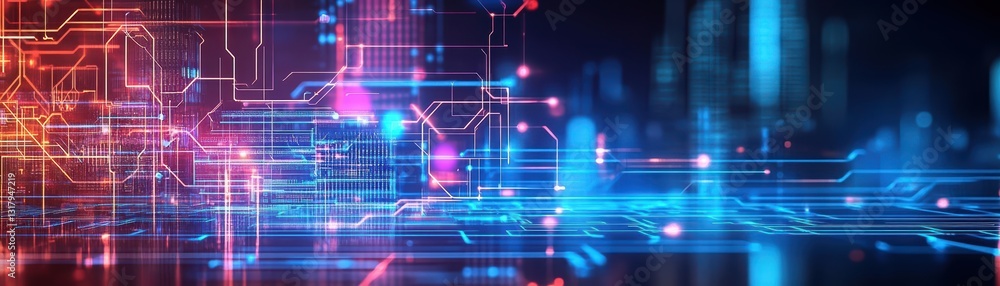Abstract digital technology background featuring vibrant circuitry and glowing lines in blue, pink, and red hues. Abstract digital technology background featuring vibrant circuitry and glowing lines in blue, pink, and red hues.