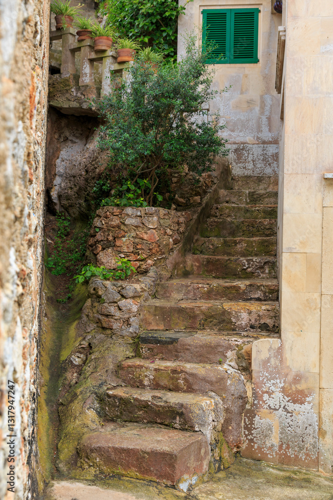 Europe, Spain, Balearic Islands, Mallorca, Santanyi, Cala Figuera . A small , colorful fishing harbor on S.E. corner of island. stairs from water to town.