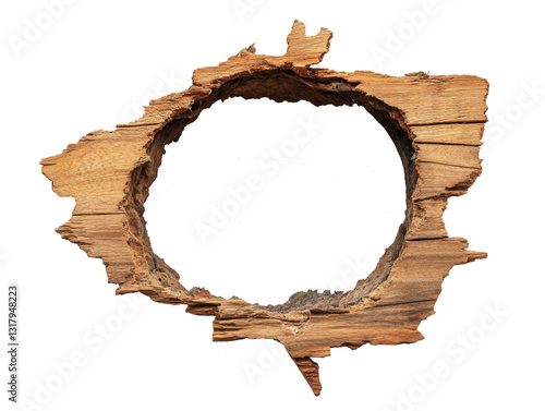 A circular piece of wood with rough edges, resembling a natural frame or hole.