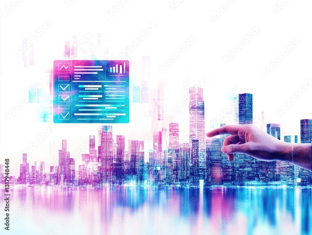 Obraz premium Futuristic city skyline with data visualization and technology interface, representing digital innovation and urban development.