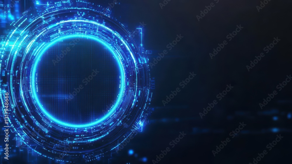 Obraz premium Futuristic digital abstract background featuring glowing blue circular patterns and lines. Ideal for technology and innovation themes.