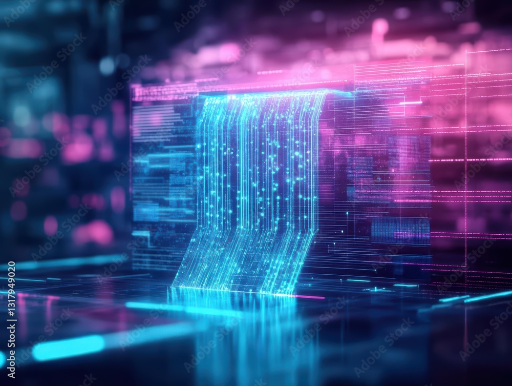 Futuristic digital waterfall effect with vibrant blue and pink lights, representing technology and innovation in a 3D virtual space. Futuristic digital waterfall effect with vibrant blue and pink lights, representing technology and innovation in a 3D virtual space.