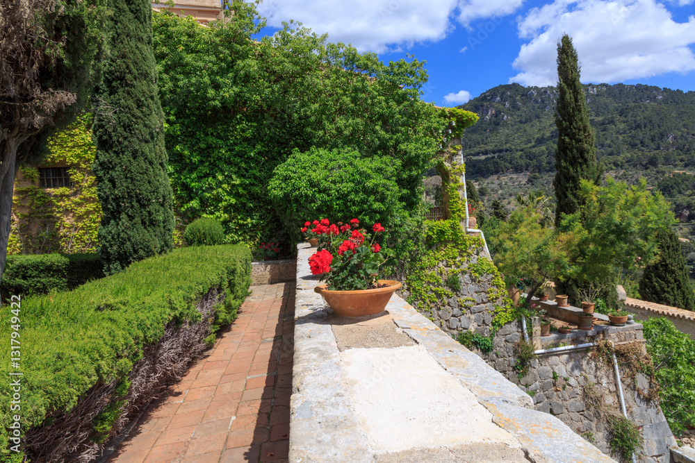 Europe, Spain, Balearic Islands, Mallorca, Valldemossa. The Royal Carthusian Monastery, Real Cartuja. View from grounds.
