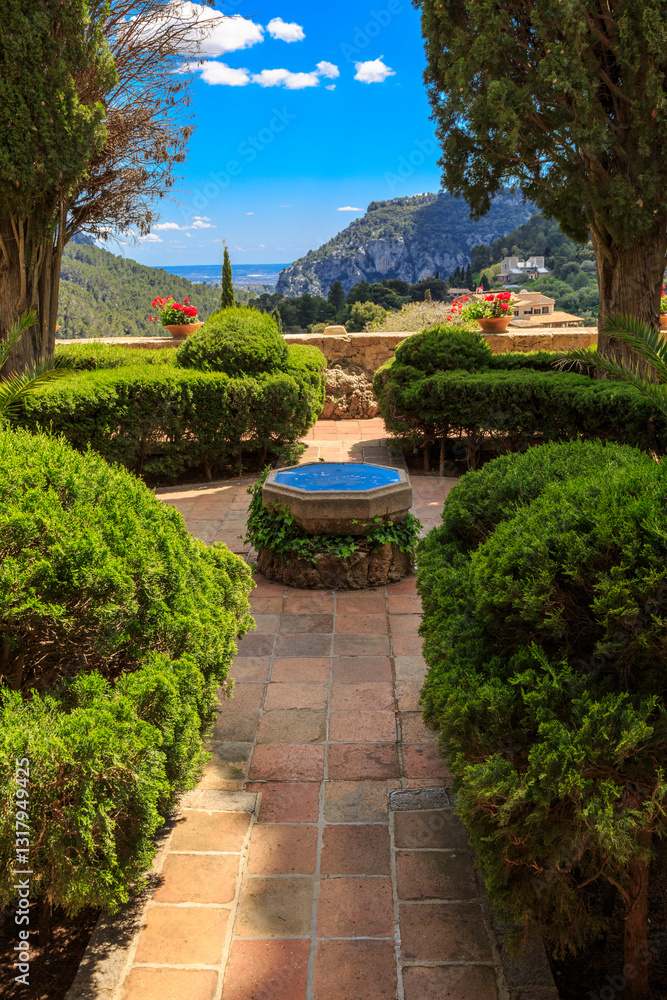 Europe, Spain, Balearic Islands, Mallorca, Valldemossa. The Royal Carthusian Monastery, Real Cartuja. Courtyard.