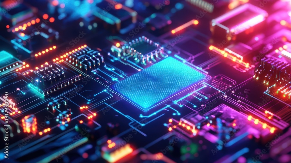 Vibrant close-up of a futuristic circuit board showcasing detailed components and colorful lights, perfect for technology themes. Vibrant close-up of a futuristic circuit board showcasing detailed components and colorful lights, perfect for technology themes.