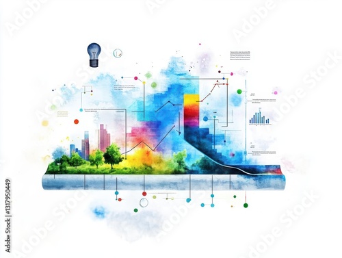 Vibrant watercolor illustration depicting growth and decline in business with graphs, charts, and elements of nature.