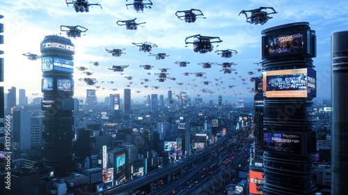 Futuristic cityscape with drone swarm over digital towers illuminating advanced metropolis
