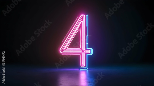Vibrant Pink And Blue Neon Number Four On Dark Background With Reflective Surface