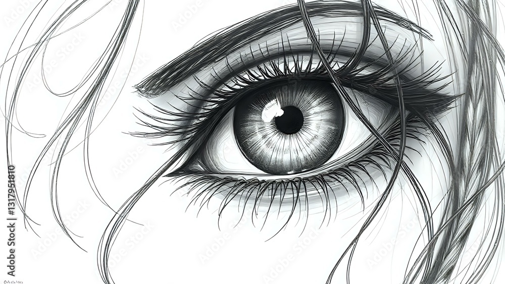 Obraz premium Stunning Black Pencil Art Painting of a Woman’s Eye with Intricate Details, Realistic Shading, and Deep Expressions, Capturing the Beauty, Emotion, and Mystery of the Gaze in a Mesmerizing Monochrome 