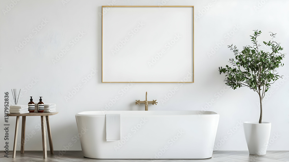 Fototapeta premium Modern Minimalist White Bathroom With Gold Fixtures Freestanding Bathtub Indoor Plant And Blank Frame Mockup