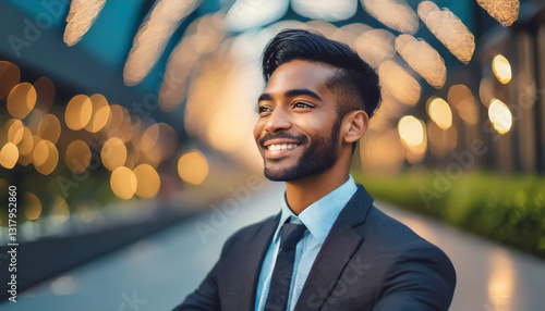 Confident Businessman in Stylish Suit with Modern City Lights Background
