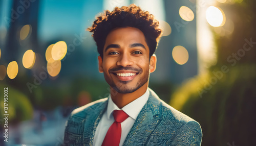 Confident Businessman in Suit with Modern City Skyline at Sunset