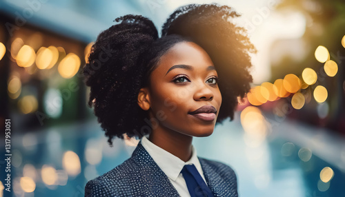 Confident Black Businesswoman with Natural Hair in Vibrant Urban Scene at Dusk