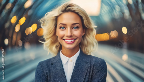Confident Businesswoman in Stylish Suit with Urban Bokeh Background