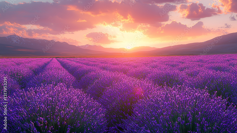 Obraz premium Endless Lavender Field Under Twilight Sky with Purple Blooms Fading into Dusk in Rural Landscape Photography 