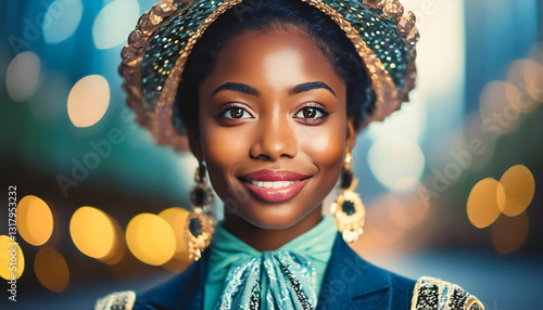 Elegant Woman in Ornate Traditional Attire with Festive Bokeh Background