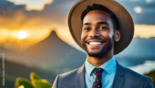 Stylish Man in Suit and Hat Posing at Sunset with Mountain View