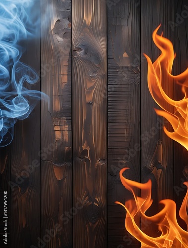 Conceptual image of contrast between fire and ice with wooden background, representing duality, balance, and the opposing forces of nature in a symbolic visual composition

