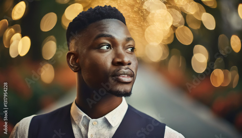 Elegant Man in Vest with Artistic Bokeh Lights in Sophisticated Setting