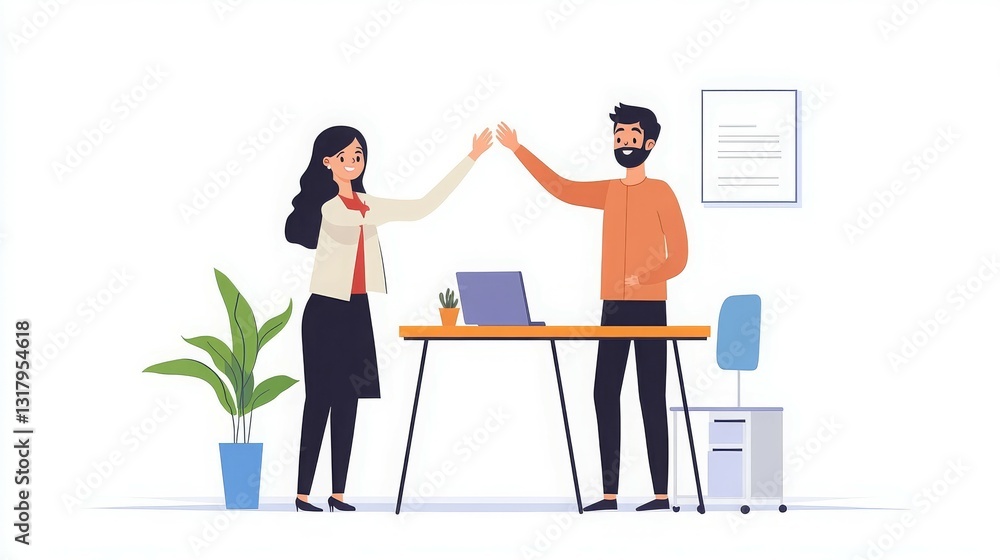 Fototapeta premium Two colleagues celebrating success with a high-five in an office setting.