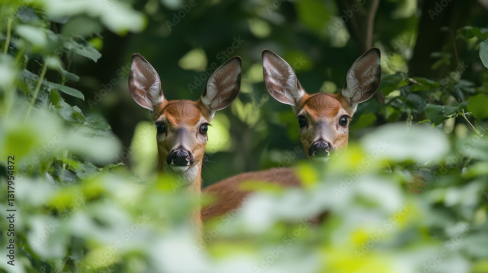Fototapeta premium Deer Observing in Their Natural Habitat in the Forest
