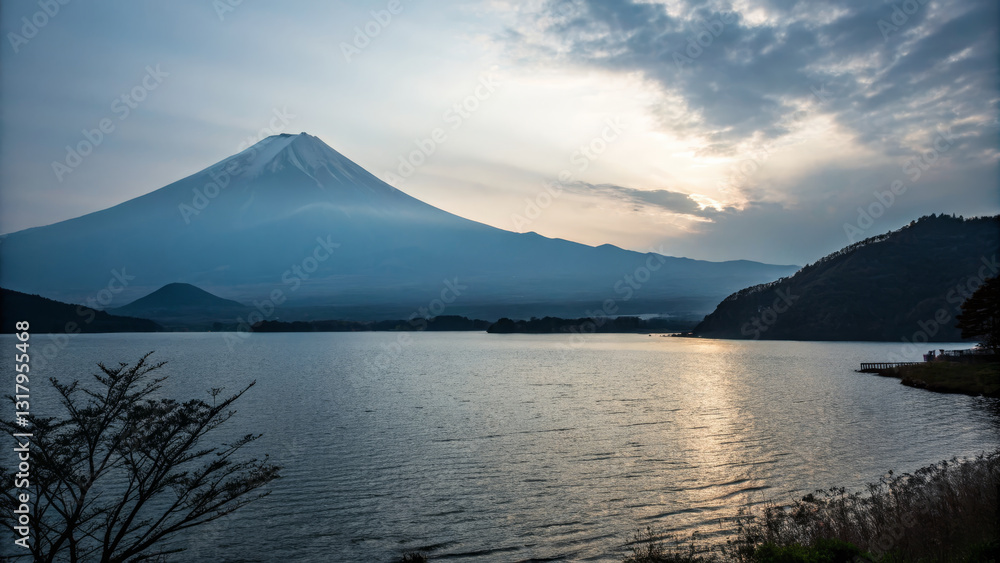 Majestic Mount Fuji reflected in serene lake at sunset, surrounded by nature beauty. tranquil scene evokes sense of peace and wonder Majestic Mount Fuji reflected in serene lake at sunset, surrounded by nature beauty. tranquil scene evokes sense of peace and wonder