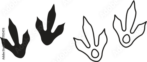Dinosaur tracks icon set. Dragon tracks foot print symbol silhouette black vector collection isolated on transparent background. Dino cute trail texture. Hand drawn paleontology dinosaur paw prints.
