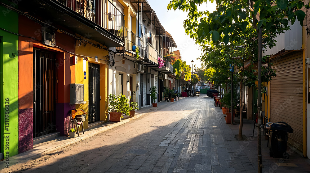 Fototapeta premium Charming Narrow Street With Colorful Houses And Lush Greenery In A Picturesque European Town On A Sunny Morning With Long Shadows
