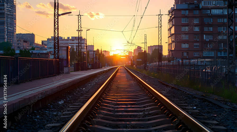 Fototapeta premium Golden Hour Sunset Over City Train Tracks With Wet Rails And Urban Buildings In Background