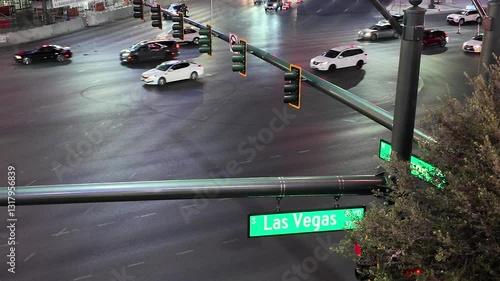 Night Traffic Flows Through a Large Intersection in Las Vegas Strip