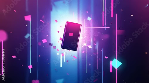 A vibrant, abstract scene with floating geometric shapes and colorful lighting effects.
