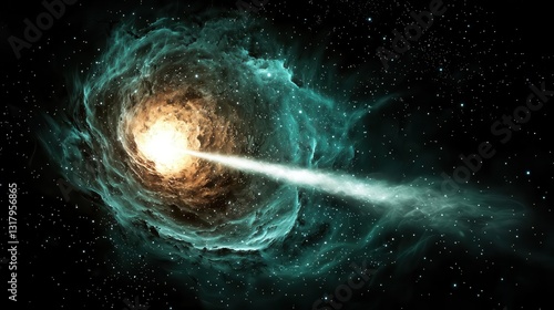 A pulsar star emitting powerful beams of energy and particles into the galaxy, on a green backdrop