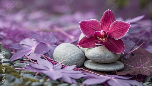 serene arrangement of smooth stones and vibrant orchid flower surrounded by purple leaves, creating calming atmosphere for relaxation and meditation