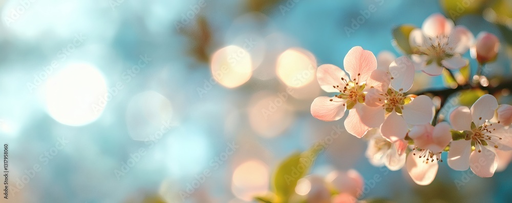 Delicate blossoms display soft pink petals with green leaves and sunlight Delicate blossoms display soft pink petals with green leaves and sunlight