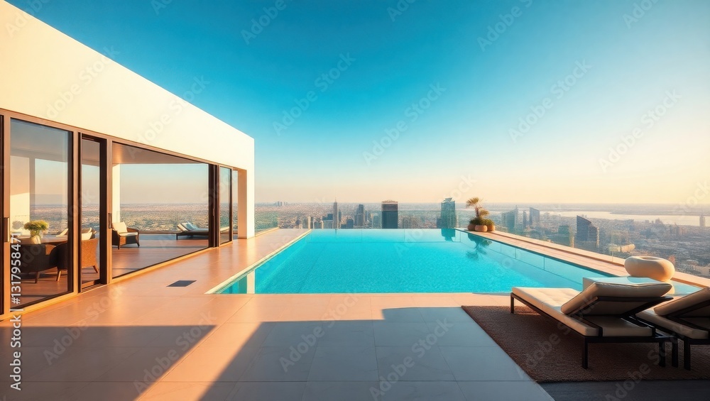 Fototapeta premium Luxury Penthouse Infinity Pool with Stunning City Skyline View at Sunset