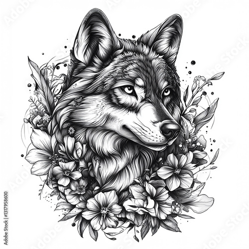Wallpaper Mural Intricate Black and White Wolf Illustration with Floral Patterns for T-Shirt Torontodigital.ca
