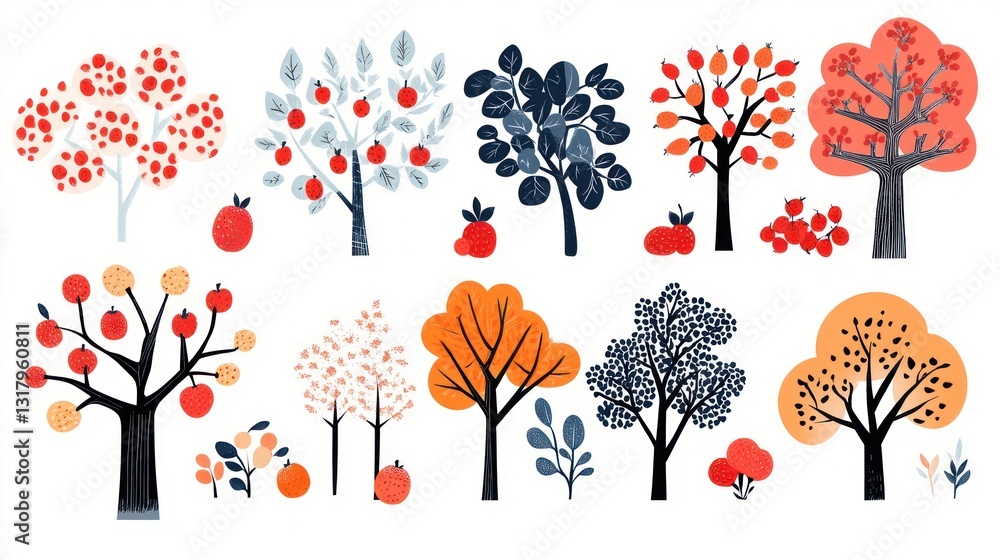 custom made wallpaper toronto digitalAutumn fruit trees illustration; orchard design; fall harvest; seasonal collection