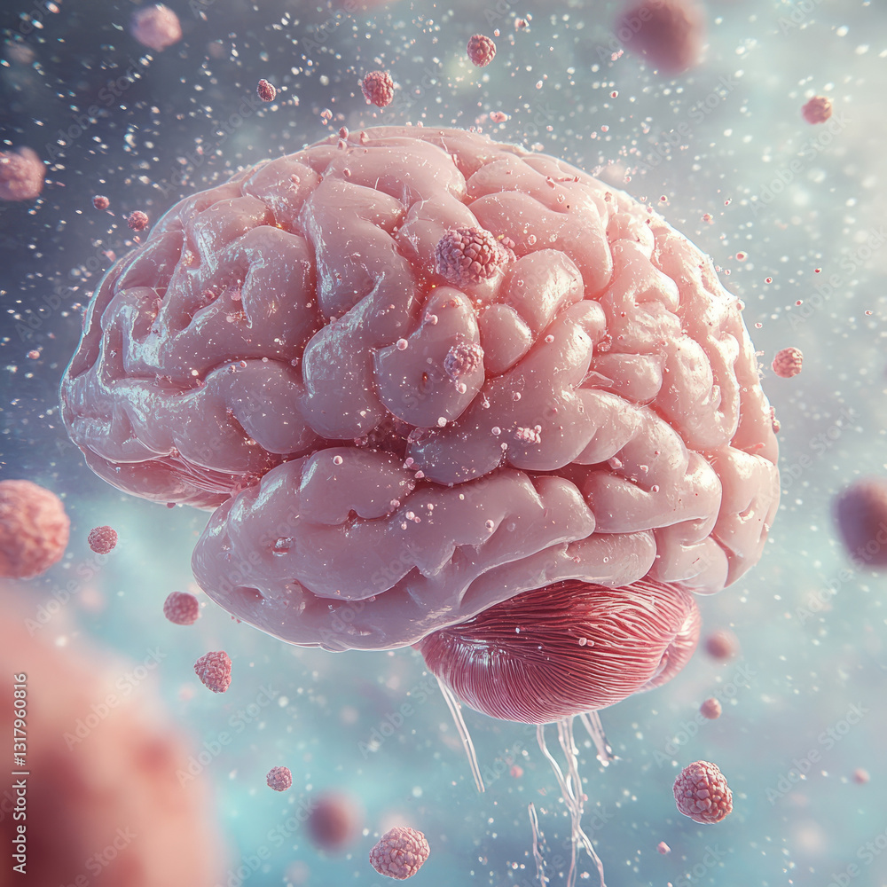 3D Human Brain with Floating Masses in Surreal Haze