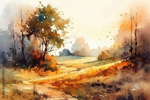 Obraz na płótnie summer light nature landscape on a light background, trees, hills and a path between them watercolor style, Generative AI w salonie