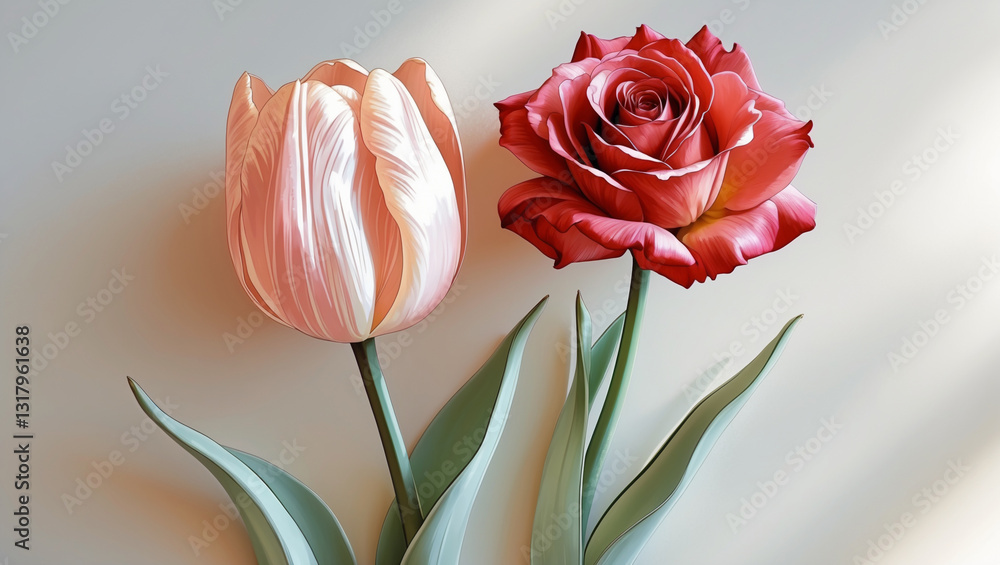 Obraz premium Pink tulip and red rose on a white background