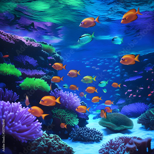 Exotic fish of various shapes and hues, including bright angelfish, dazzling clownfish, and shimmering parrotfish, weave gracefully through the intricate coral formations.
