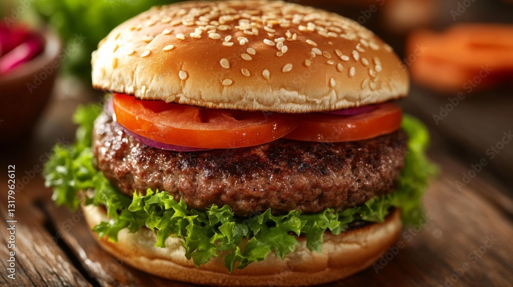 Juicy cheeseburger with lettuce tomato and onion on sesame seed bun Juicy cheeseburger with lettuce tomato and onion on sesame seed bun