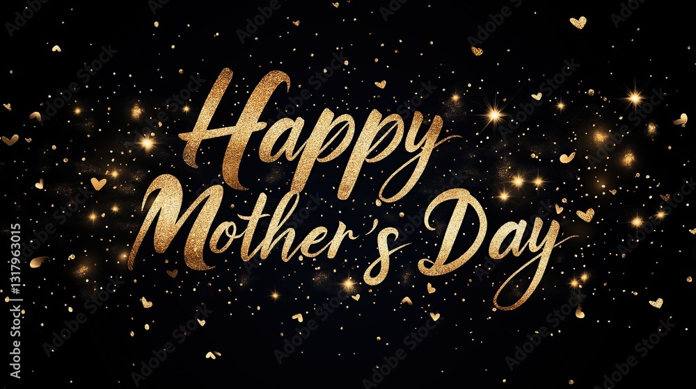 Happy Mother's Day with golden text on a black background, glittering stars and hearts Happy Mother's Day with golden text on a black background, glittering stars and hearts