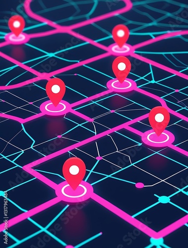 Digital city map with multiple GPS location pins in neon colors representing navigation, smart city planning, and geolocation technology in a futuristic interface
